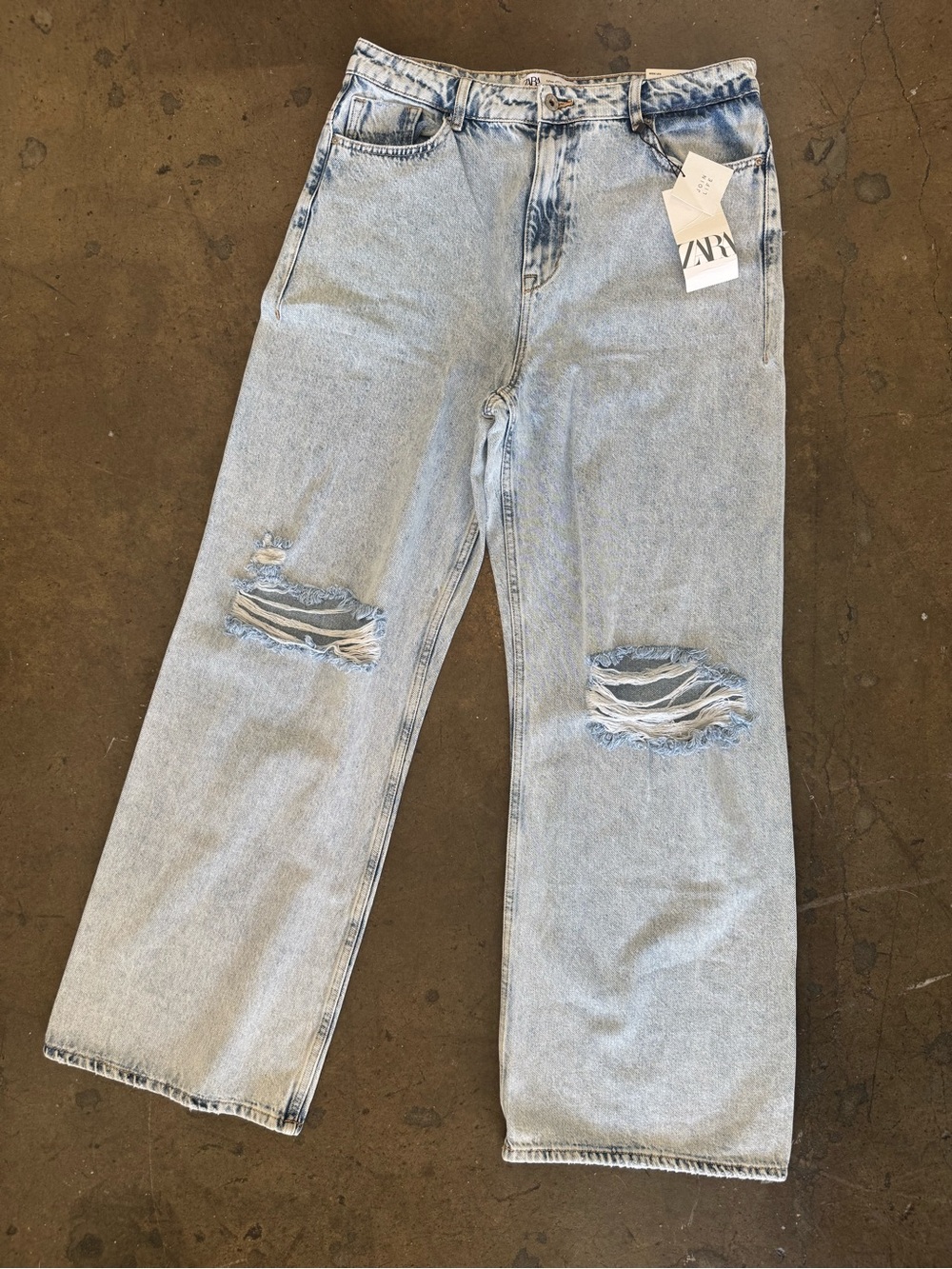 👖 Zara Light Blue Relaxed Wide-Leg Distressed Jeans NWT 100% Cotton Denim